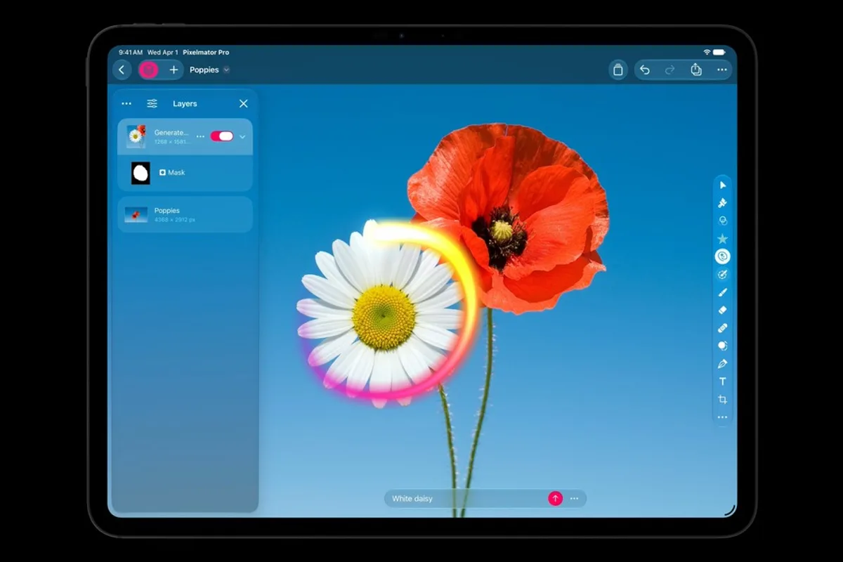 Pixelmator Pro sur iPad montrant une modification d'image avec la fonction Generate Fill