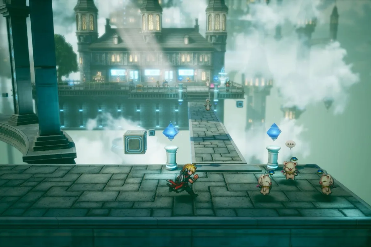 Exploration d'une cité flottante dans Final Fantasy Resonance avec des personnages en pixel art