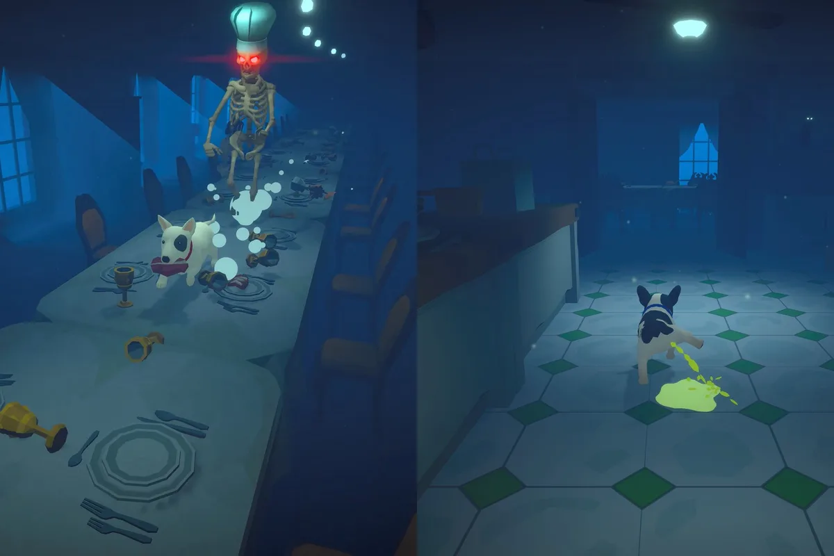 Un chiot tente d'échapper à une créature squelettique dans une salle inquiétante de Haunted Paws