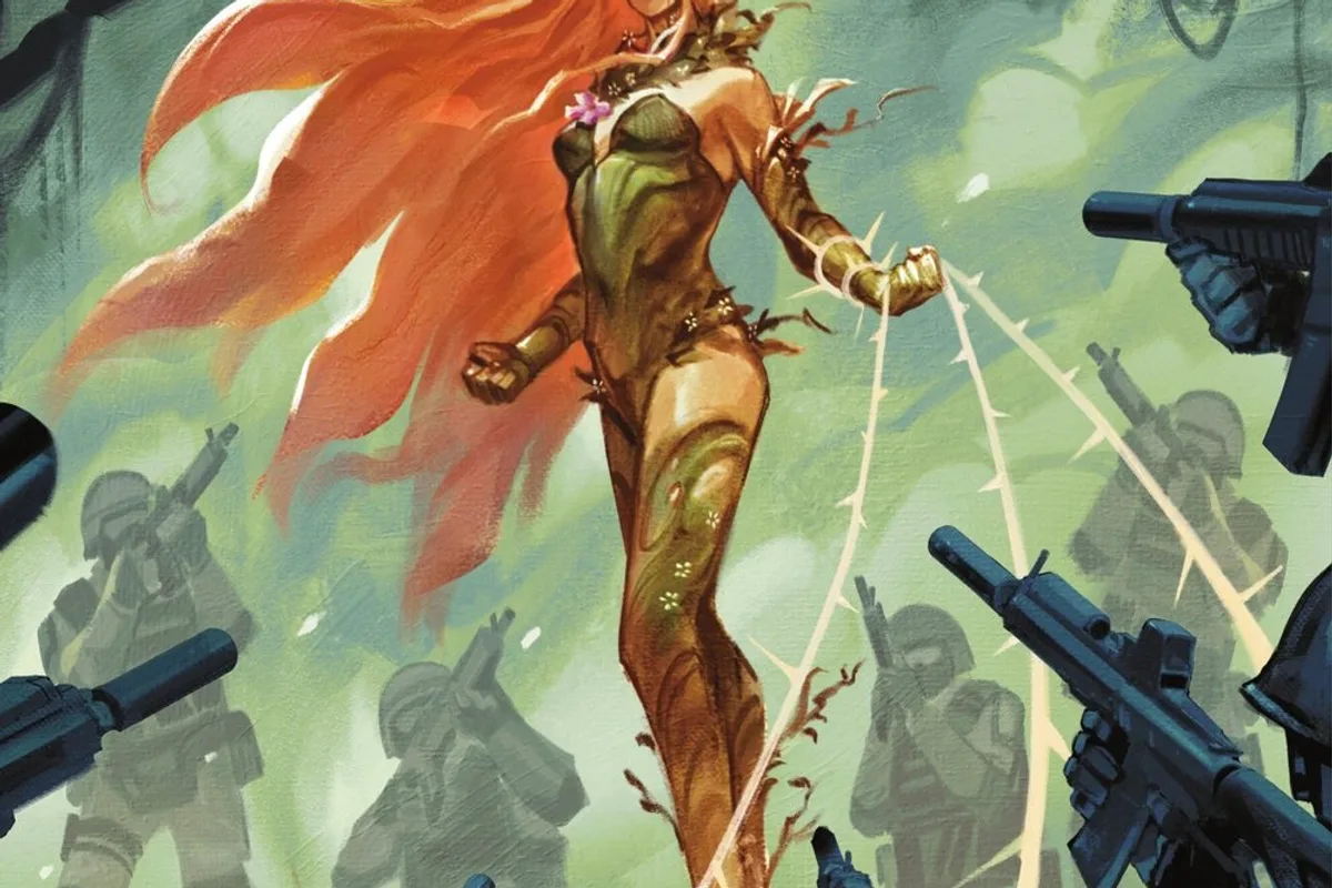 Illustration de Poison Ivy issue de sa série de comics DC, avec des cheveux roux, un costume végétal et une végétation luxuriante