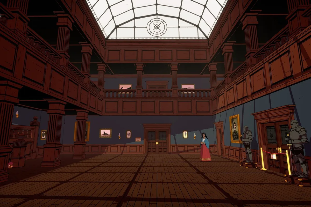 Grand hall de Blake Manor avec architecture en bois, verrière et escalier intérieur